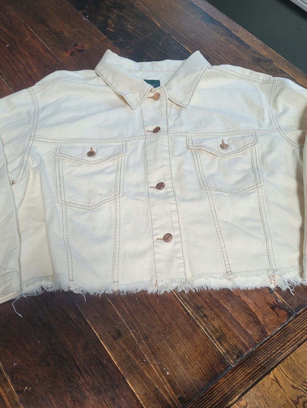 Wild Fable Cropped Cotton Denim Jacket Cream Beige Frayed Hem XXL